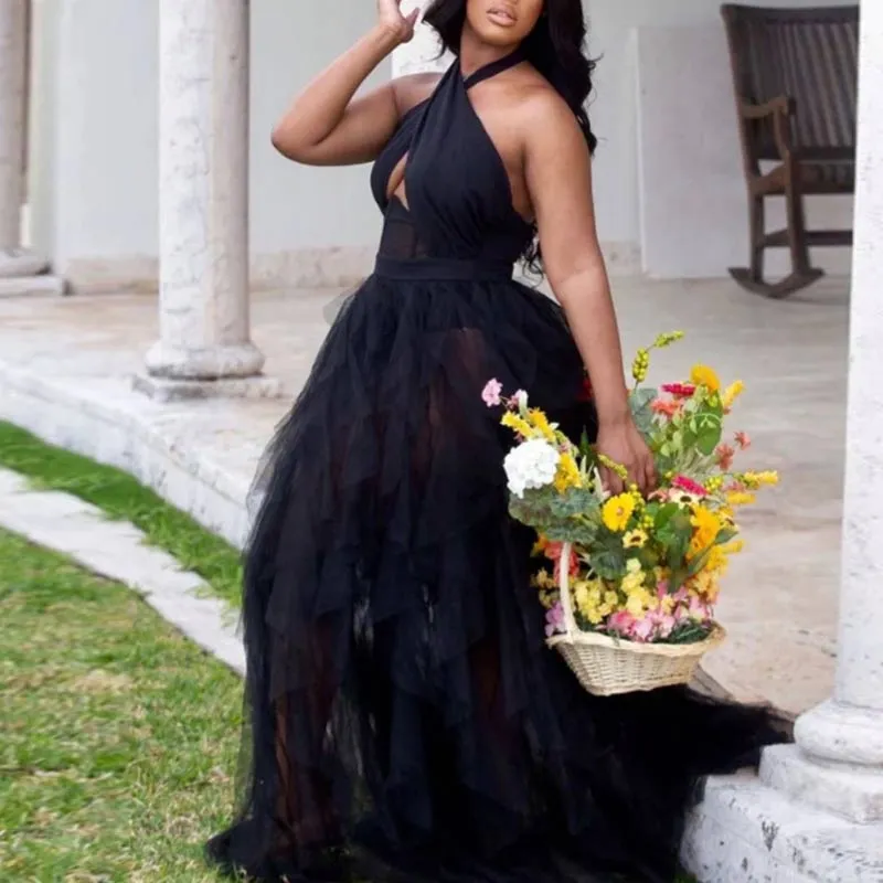 Halter Neck High Waist Ruffles Big Swing Party Dress